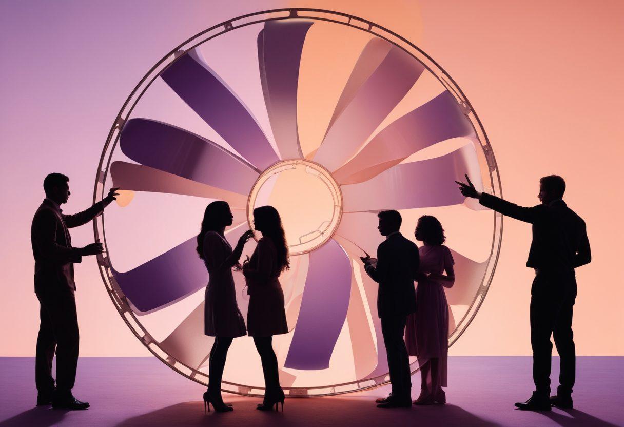 A striking visual representation of a film reel unfurling, with silhouettes of diverse individuals engaging in expressive interactions. In the background, soft peach and lavender hues blend together, symbolizing acceptance and exploration. Incorporate abstract shapes representing preferences and desires to create an intriguing atmosphere. Lightly overlay text that hints at the theme without being explicit. vibrant colors. modern art style.